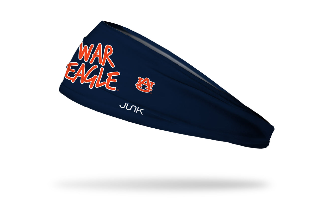 navy headband with Auburn University War Eagle wordmark in orange