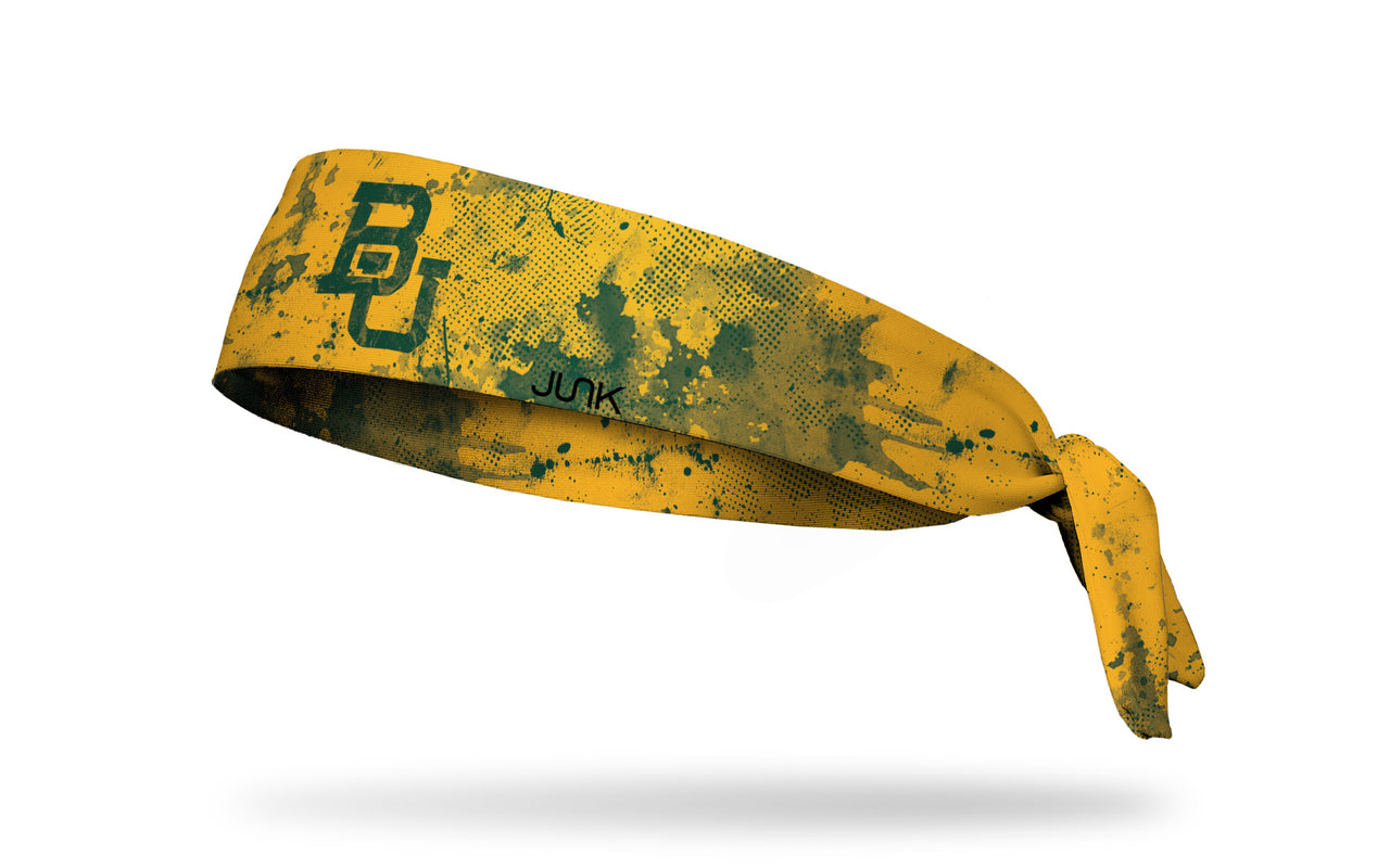 gold headband with grunge overlay and Baylor University B U logo in green
