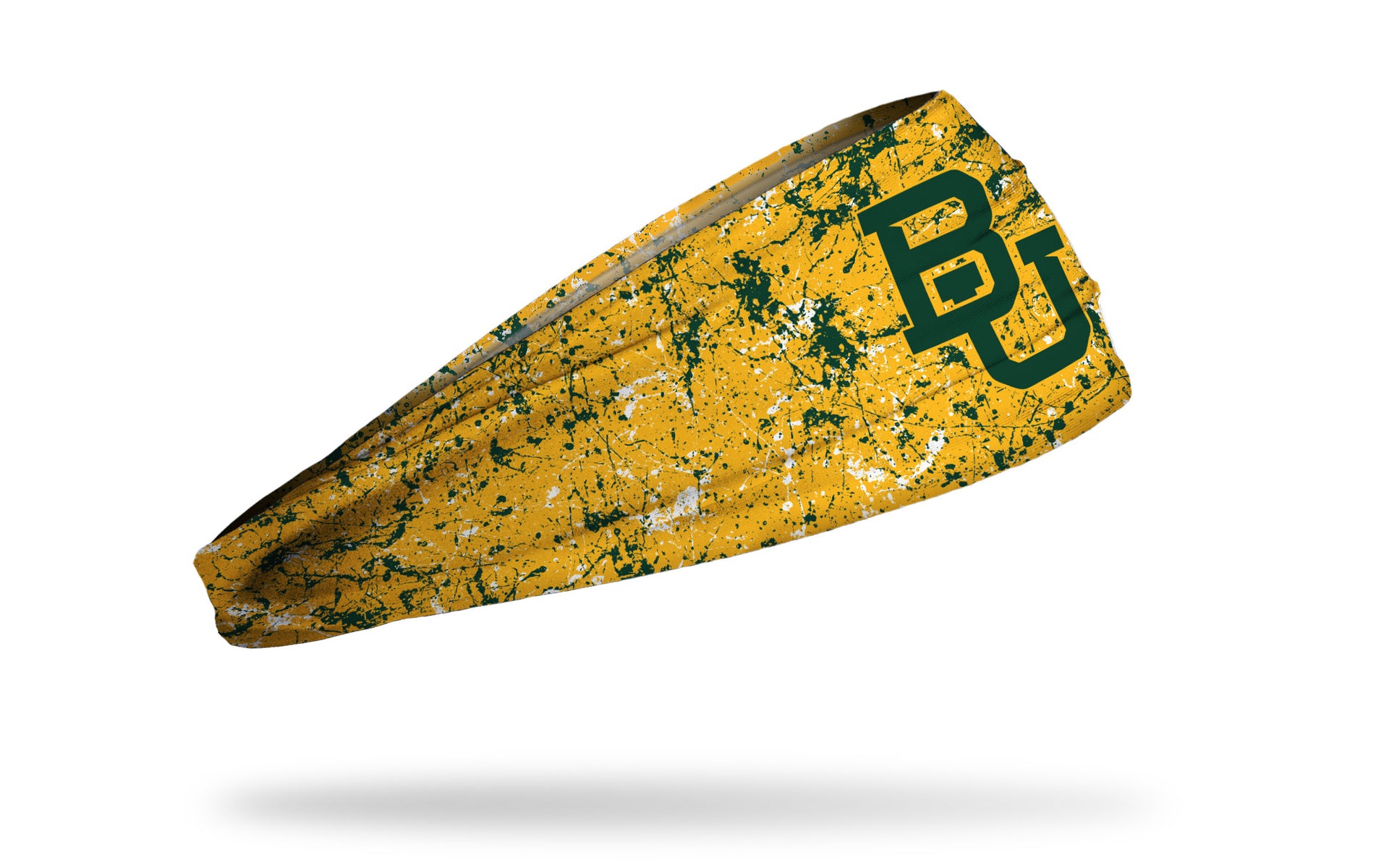 gold headband with green paint splatter and Baylor University B U logo in green
