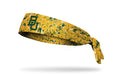 gold headband with green paint splatter and Baylor University B U logo in green