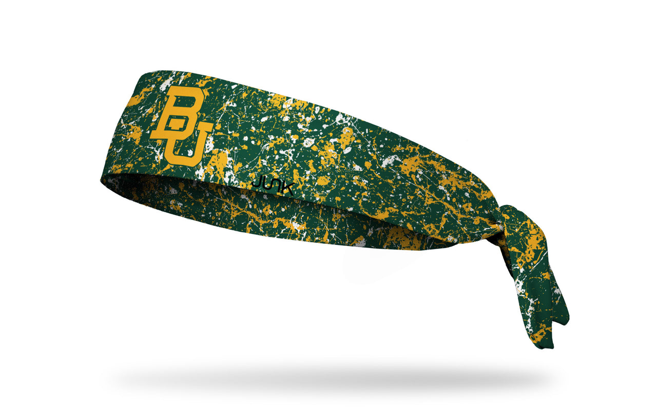 green headband with gold paint splatter and Baylor University B U logo in gold