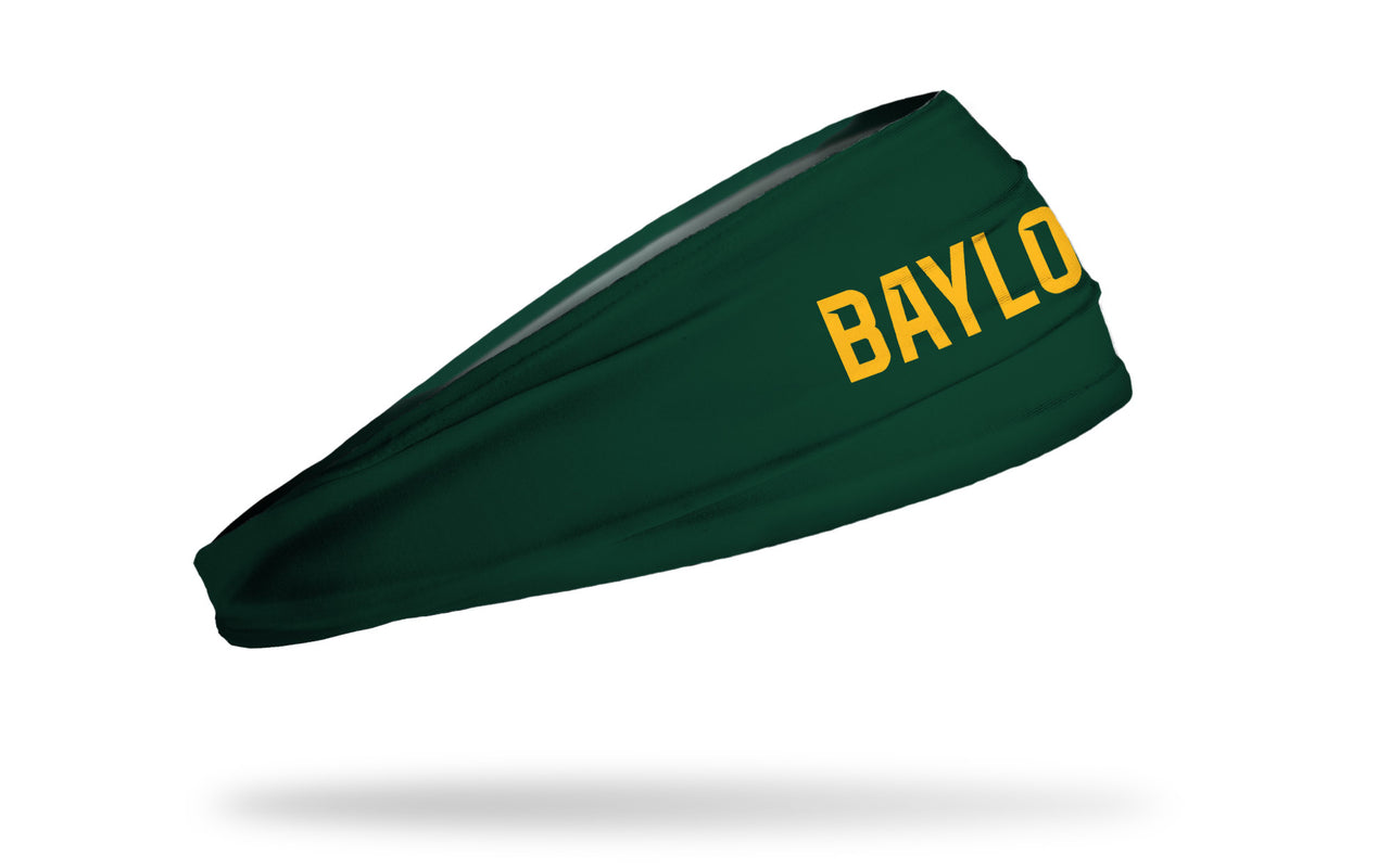green headband with Baylor University Baylor wordmark in gold