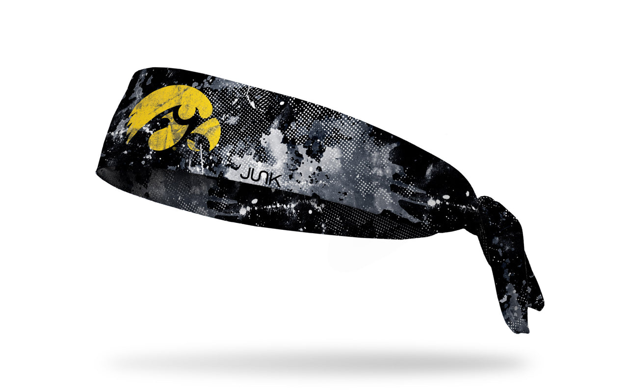 black headband with University of Iowa hawkeye logo in yellow with white grunge overlay