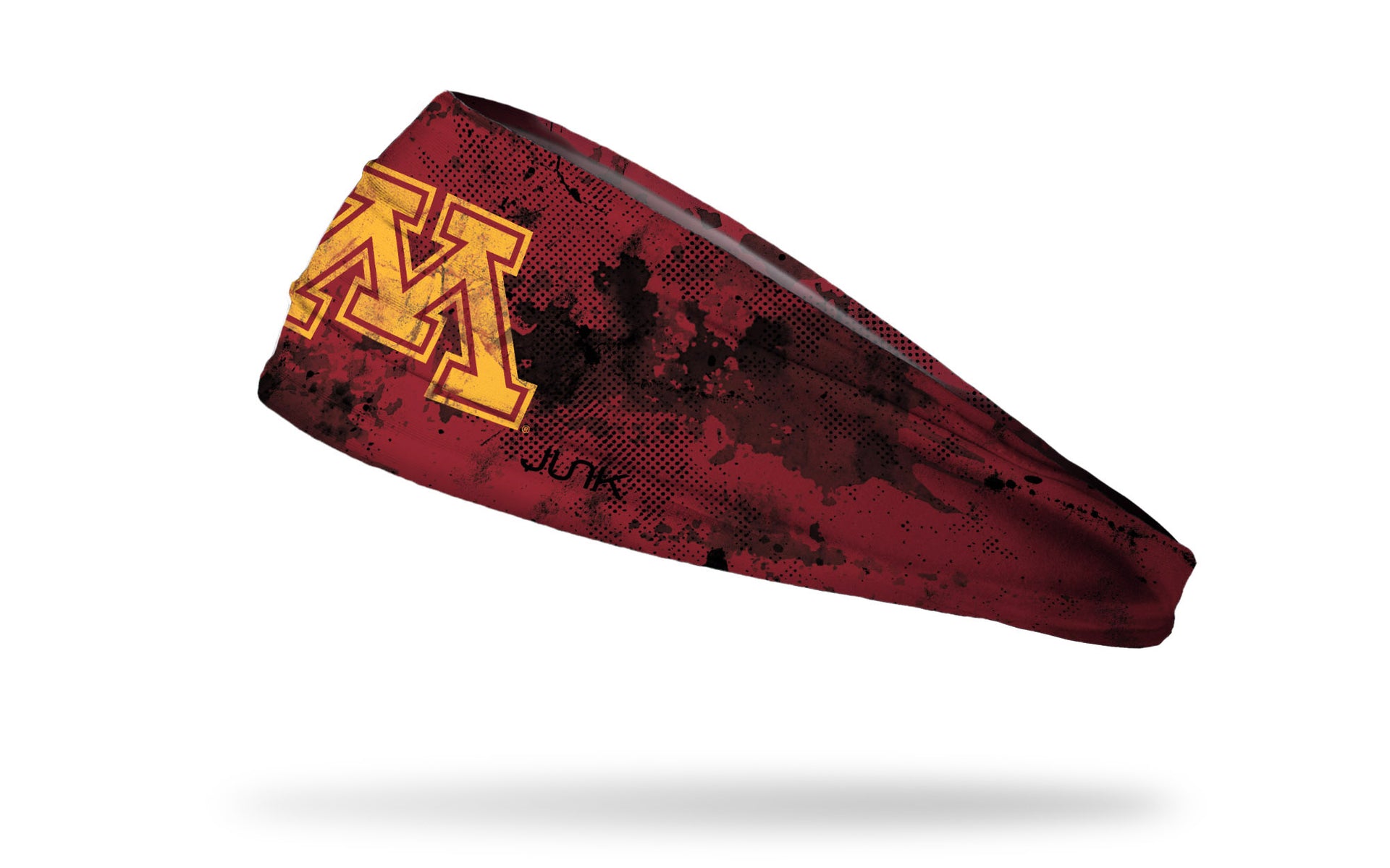 maroon headband with black grunge overlay and University of Minnesota M logo in gold