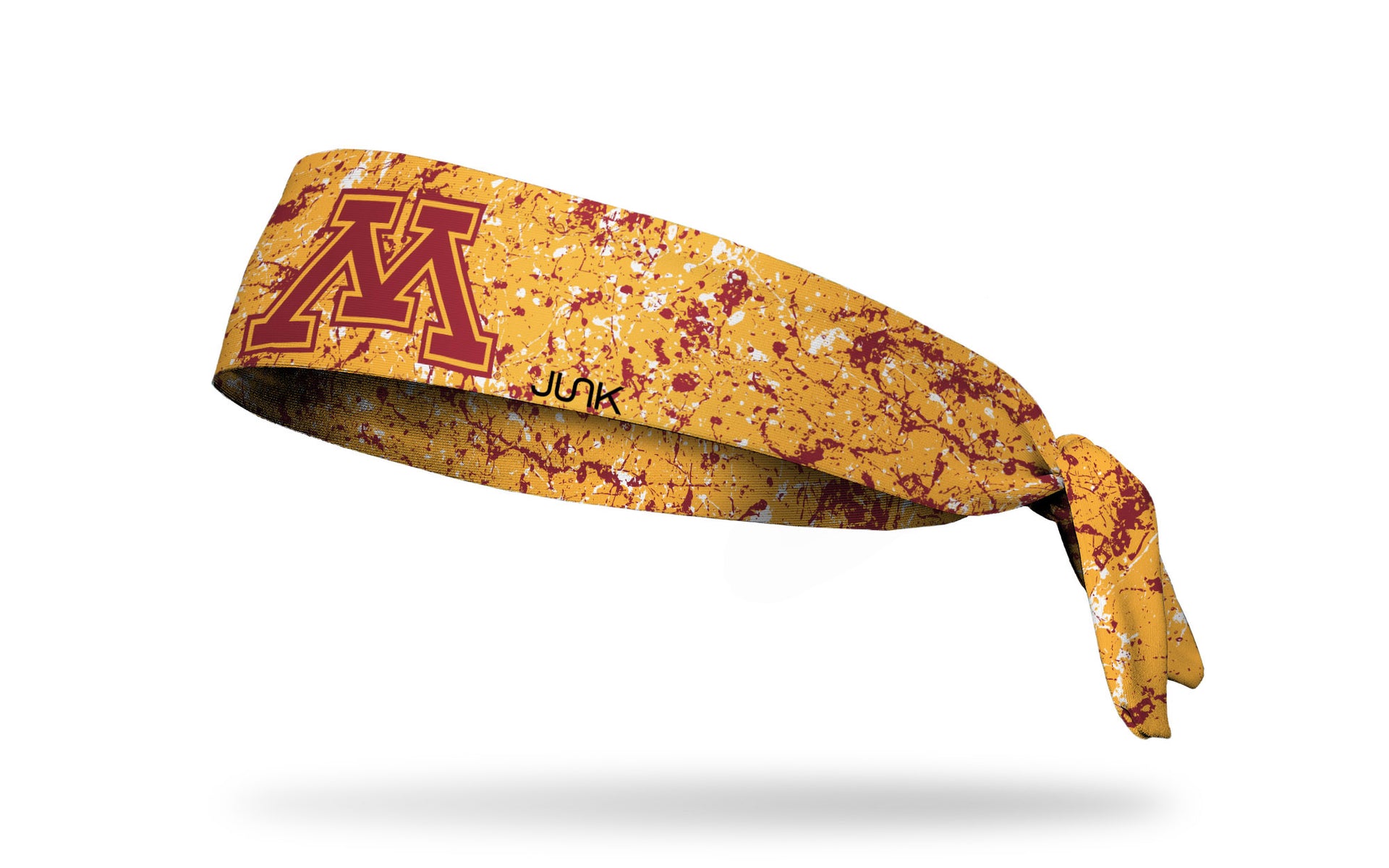 gold headband with maroon paint splatter and University of Minnesota M logo in maroon