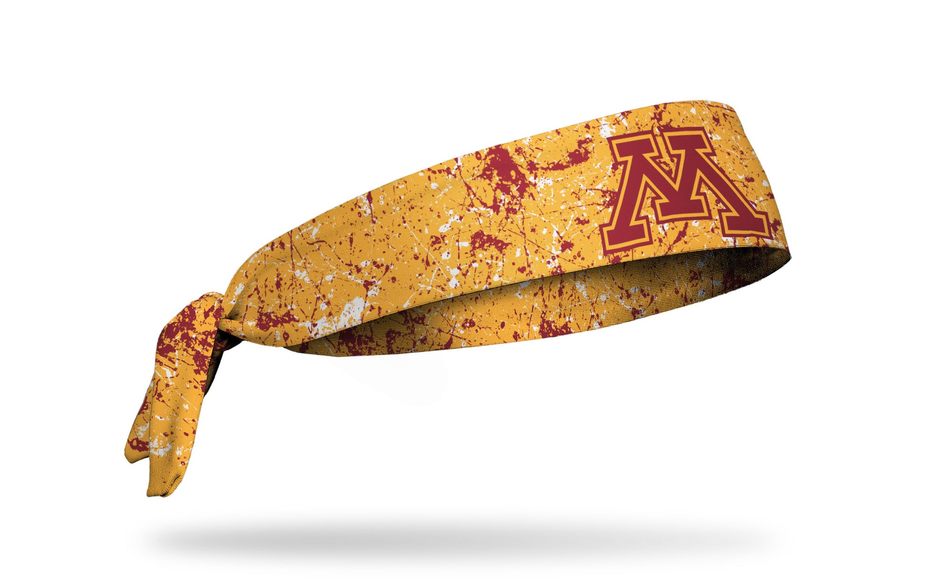 gold headband with maroon paint splatter and University of Minnesota M logo in maroon