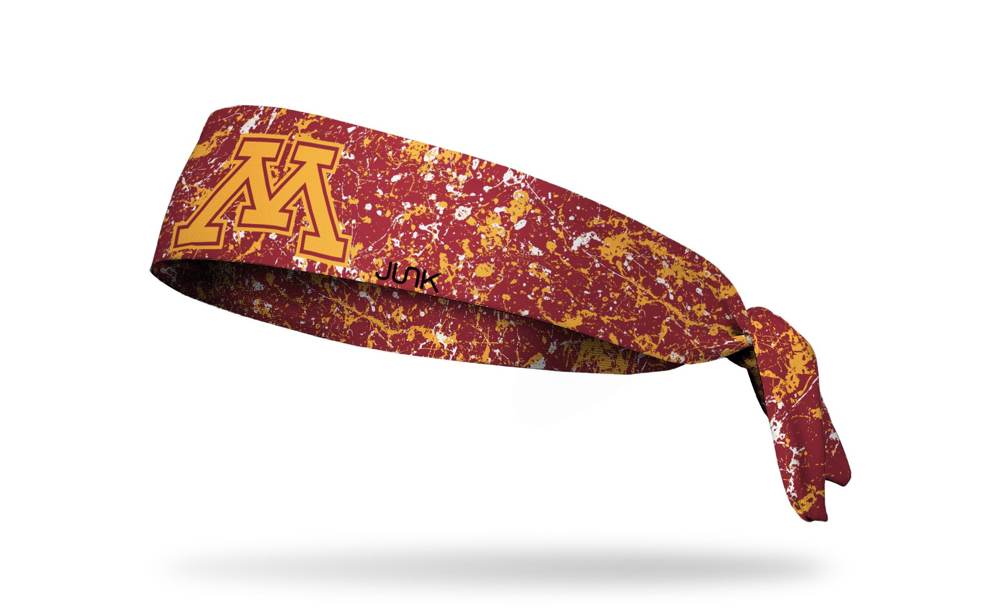 maroon headband with gold paint splatter and University of Minnesota M logo in gold