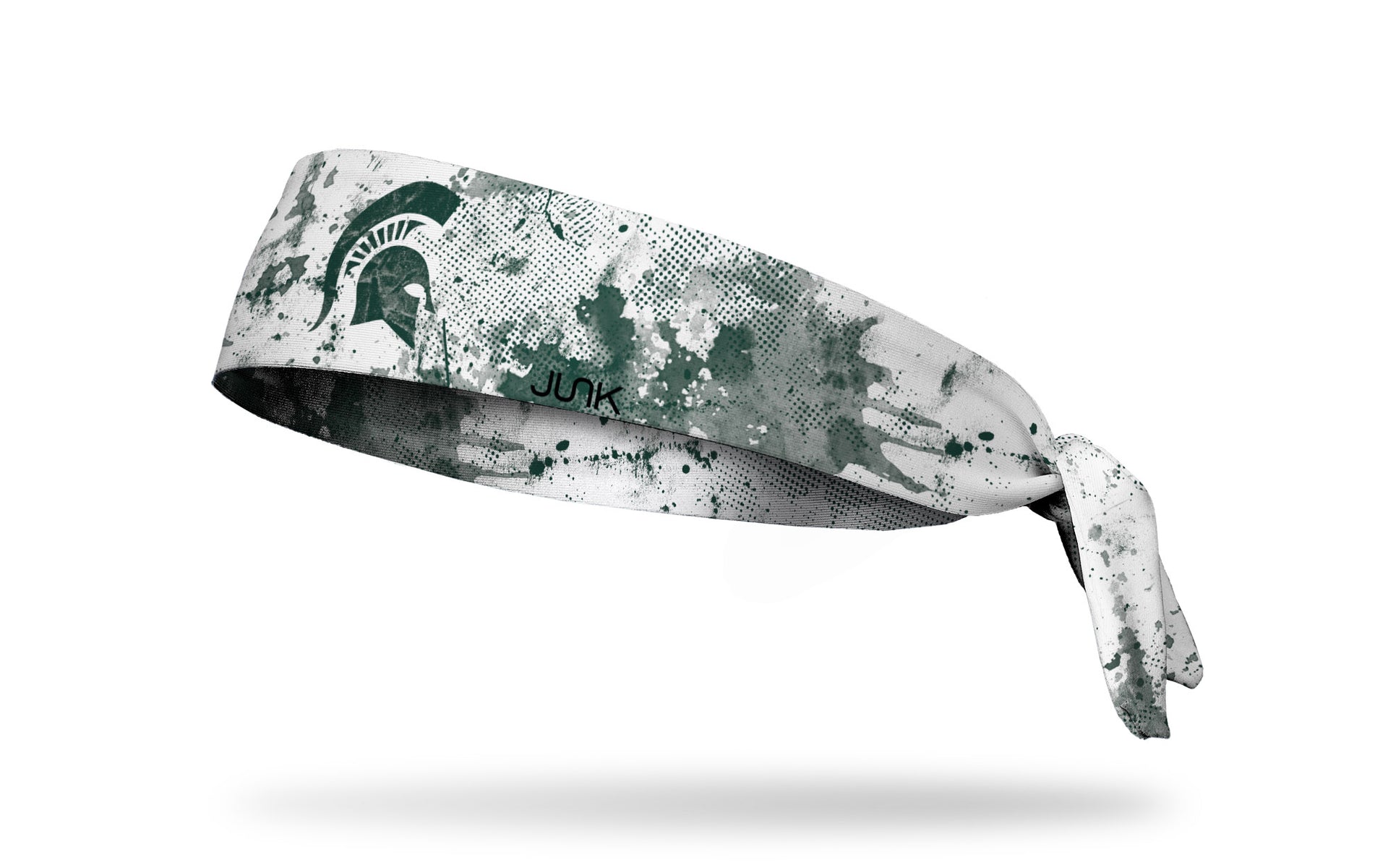white headband with Michigan State University spartan logo in green with green grunge overlay