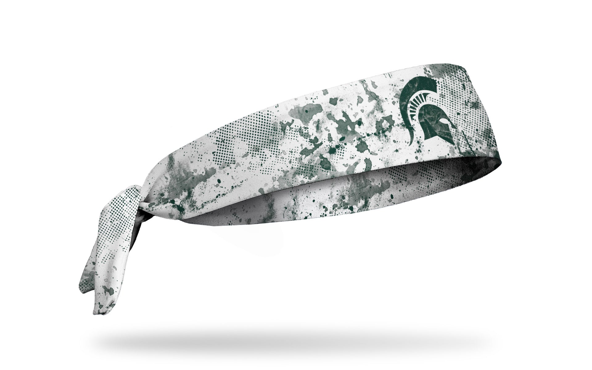 white headband with Michigan State University spartan logo in green with green grunge overlay