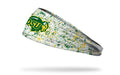 North Dakota State University white headband with green and yellow paint splatter