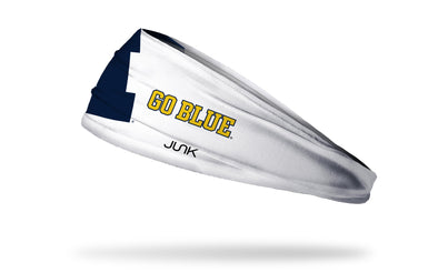 white headband with University of Michigan oversized M offset in navy and Go Blue wordmark to the right in yellow