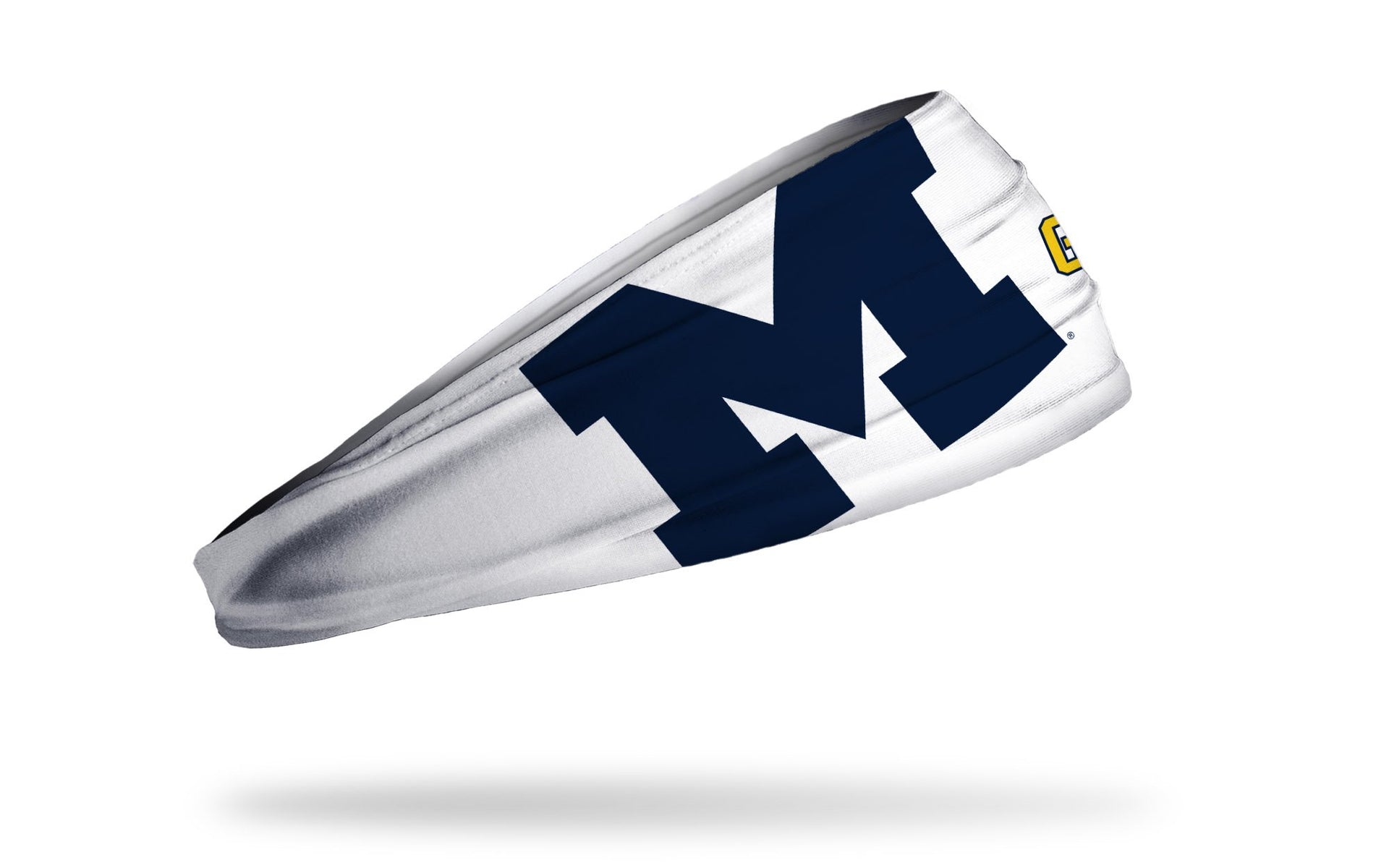 white headband with University of Michigan oversized M offset in navy and Go Blue wordmark to the right in yellow