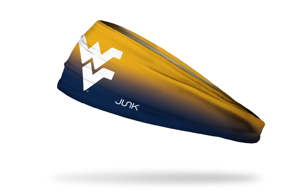 yellow to navy gradient headband with West Virginia University white W V logo in front center