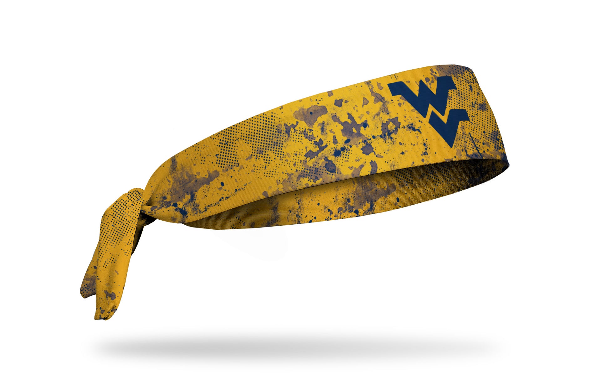 gold headband with West Virginia University WV logo in navy with navy grunge overlay