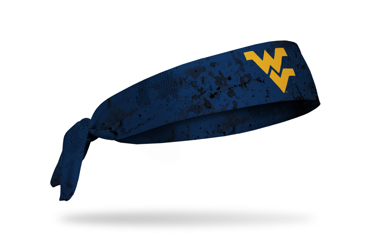 navy headband with West Virginia University WV logo in gold with black grunge overlay
