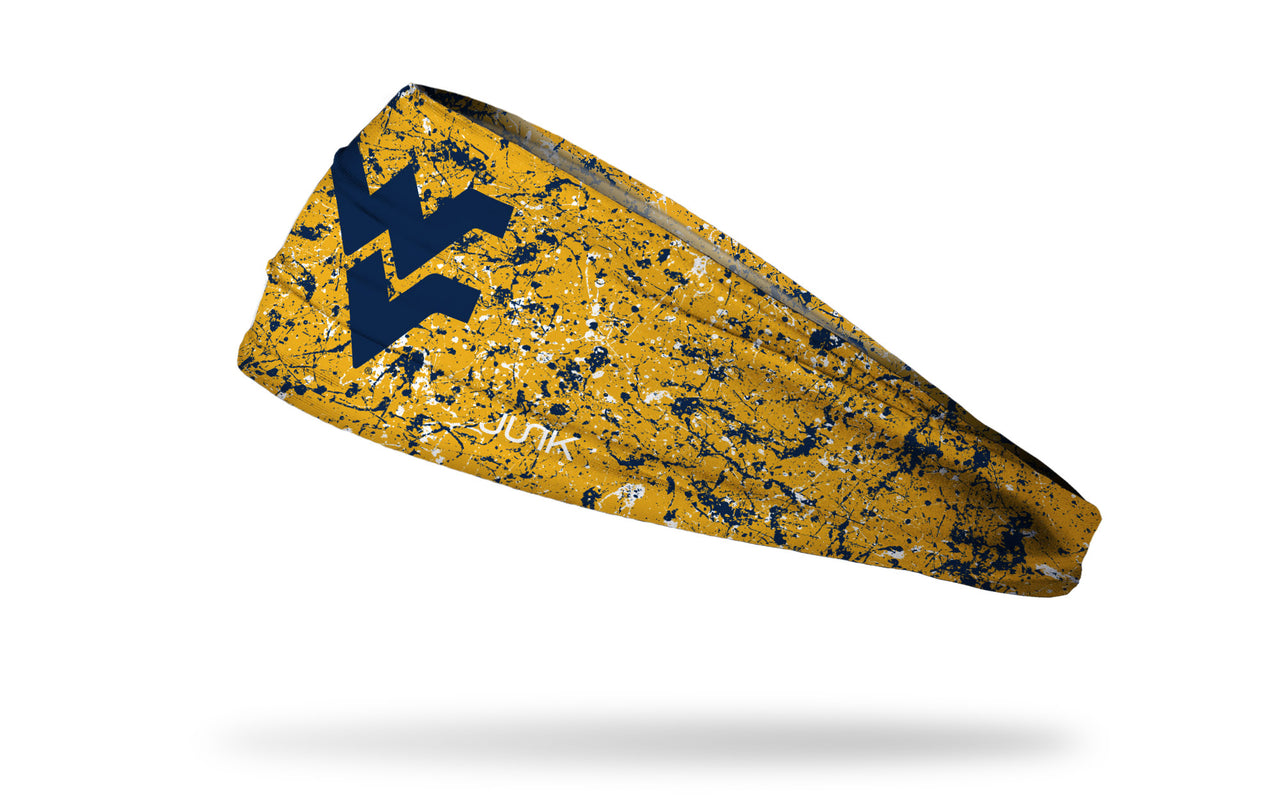 gold paint splatter headband with West Virginia University WV logo in navy