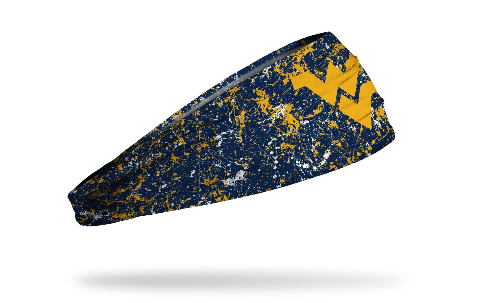 navy paint splatter headband with West Virginia University WV logo in gold