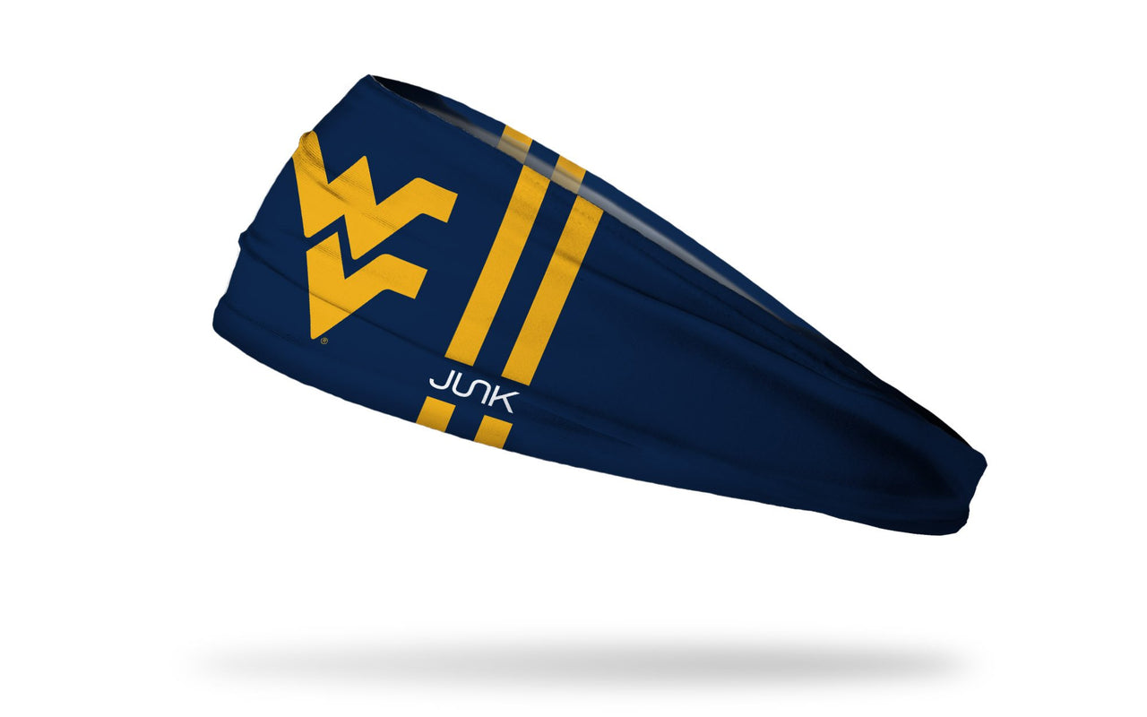 navy headband with West Virginia University gold W V in front center with gold stripes on left and right