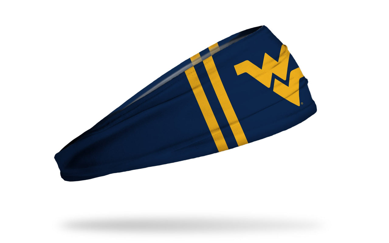 navy headband with West Virginia University gold W V in front center with gold stripes on left and right