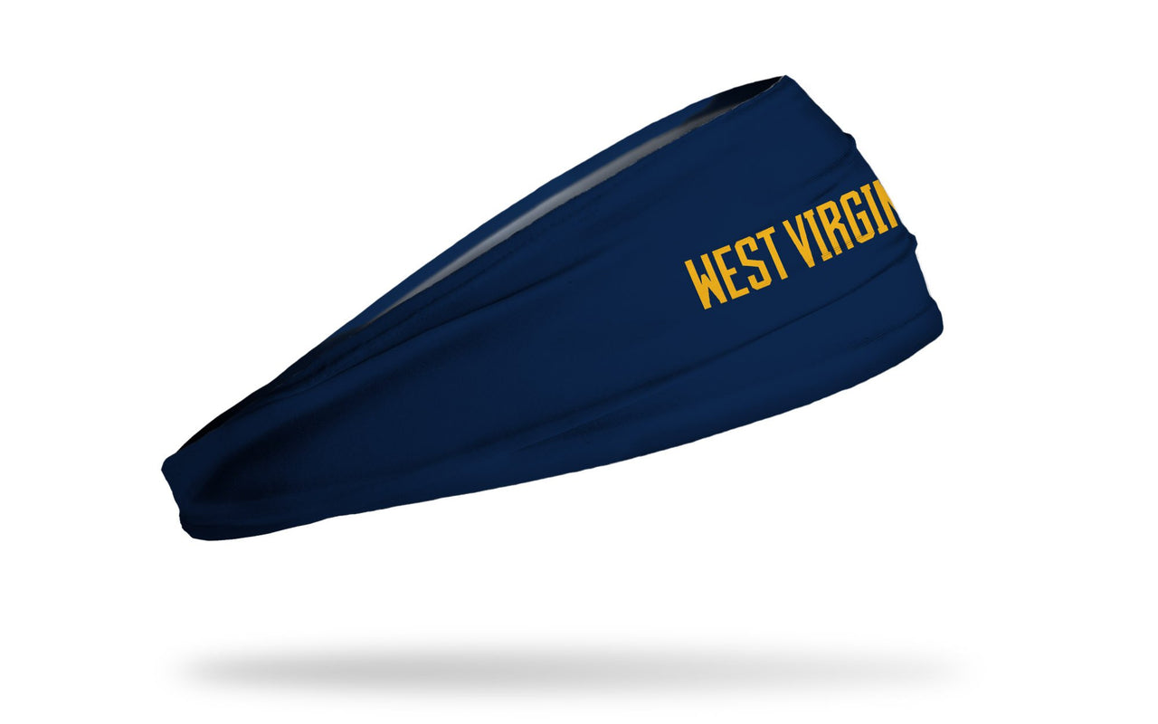 navy headband with West Virginia University gold West Virginia wordmark front center