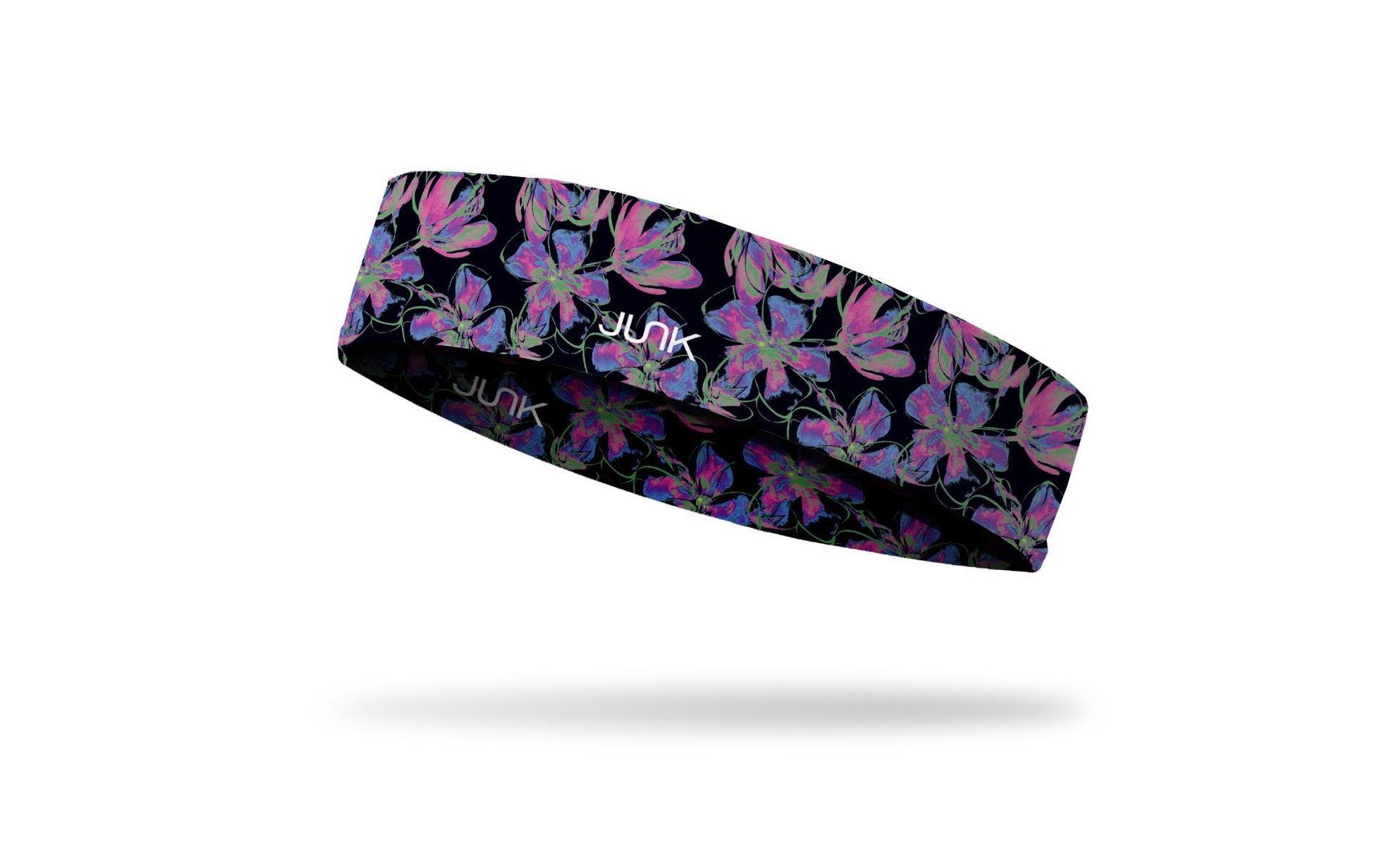 black headband with repeating pattern of neon flowers