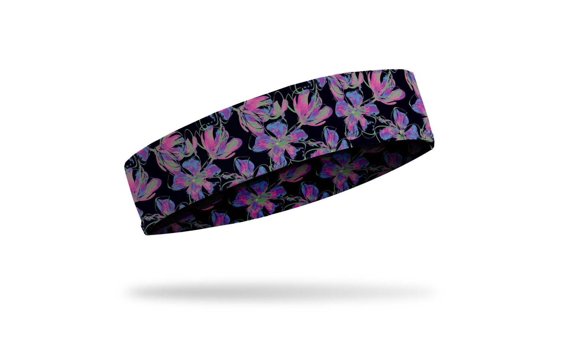 black headband with repeating pattern of neon flowers