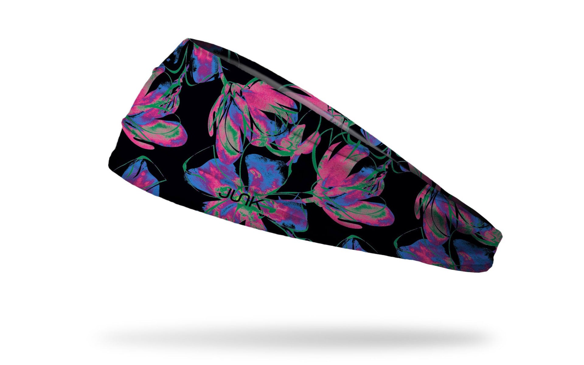 black headband with repeating pattern of neon flowers