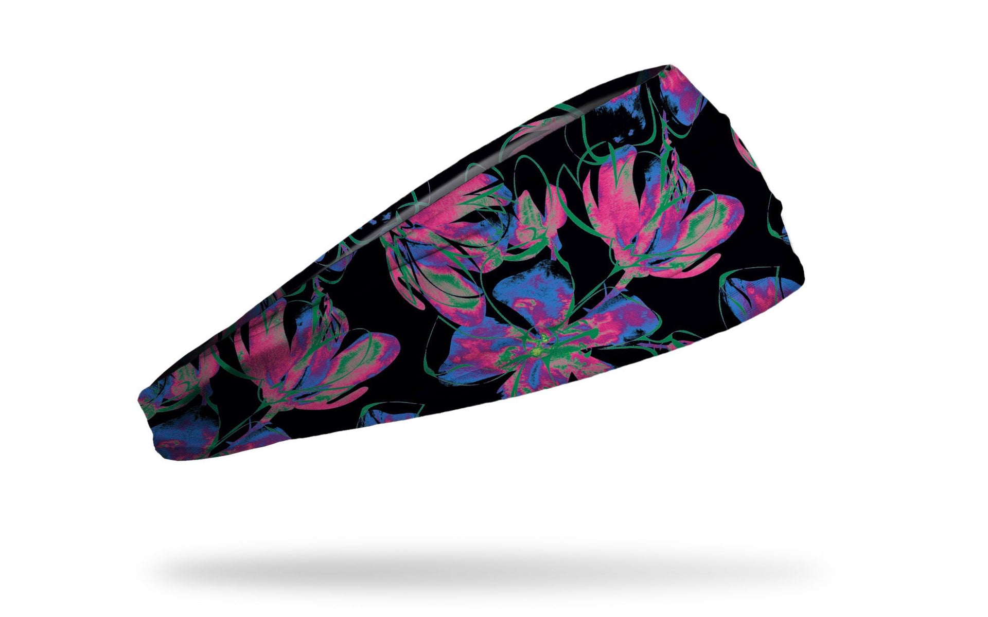 black headband with repeating pattern of neon flowers