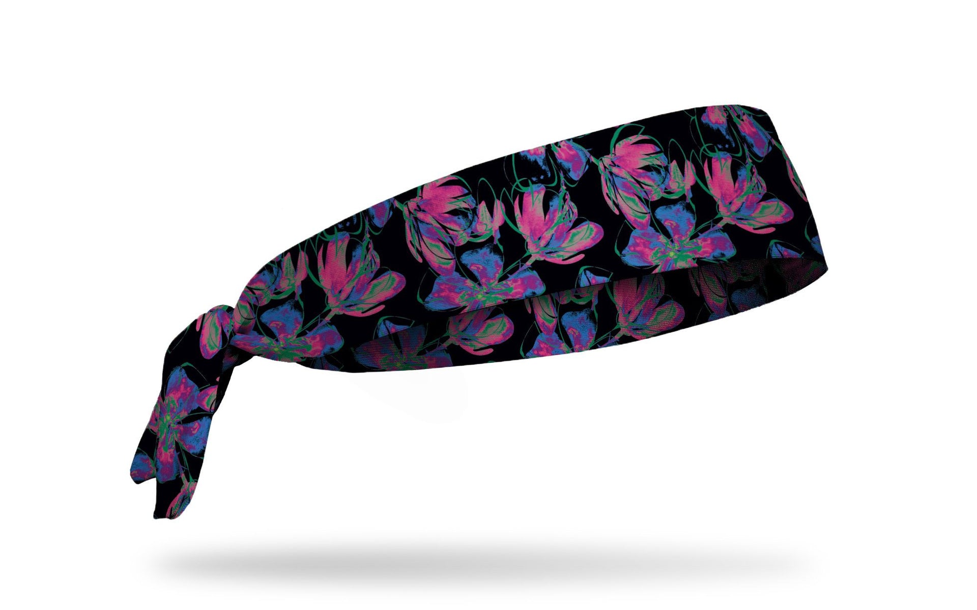 black headband with repeating pattern of neon flowers
