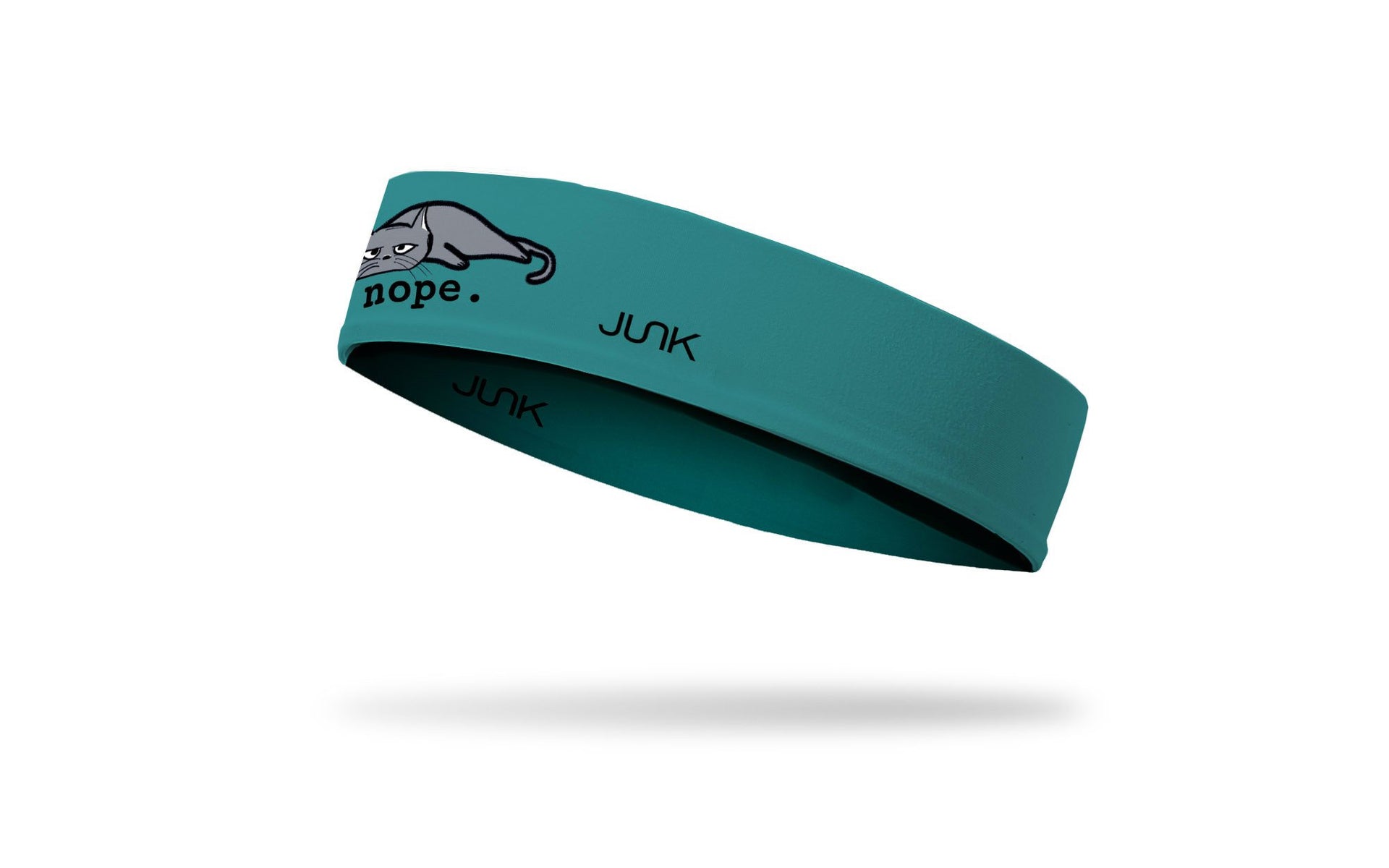 cat themed headband with a grey tired cat and the wordmark nope.