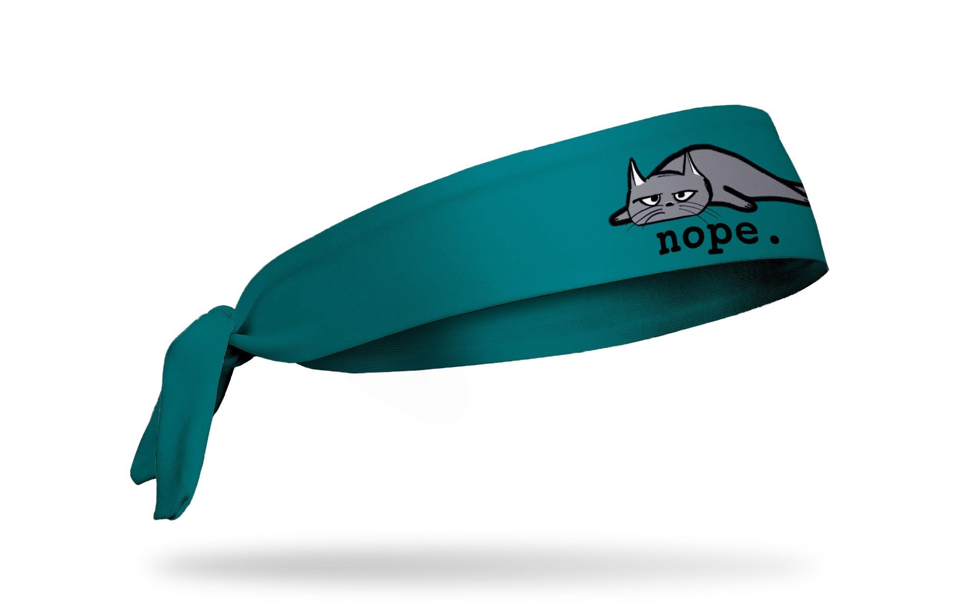 cat themed headband with a grey tired cat and the wordmark nope.