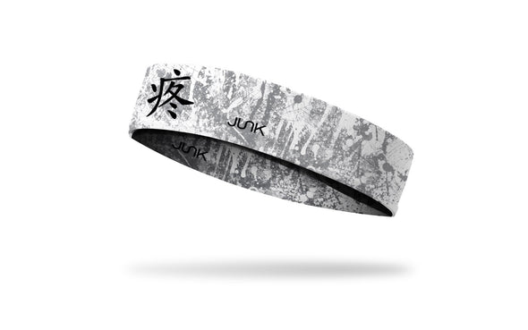 white and grey distressed design headband with chinese symbol of pain in black