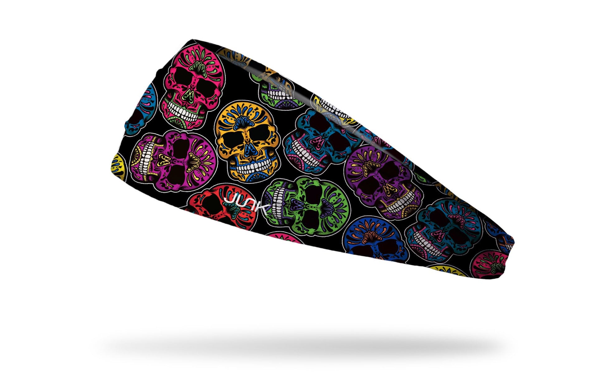 black headband with brightly colored random pattern of decorated skulls