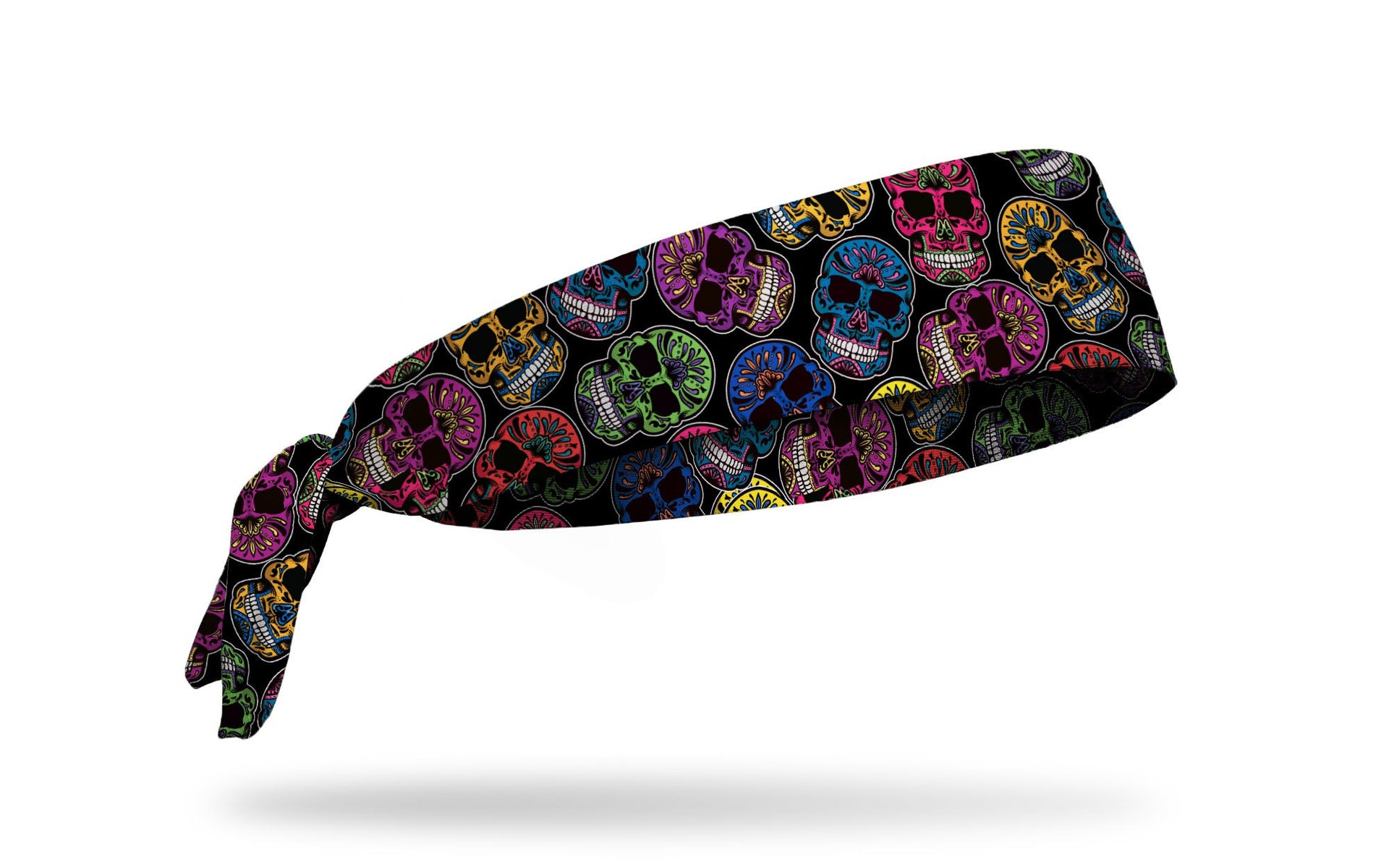 black headband with brightly colored random pattern of decorated skulls