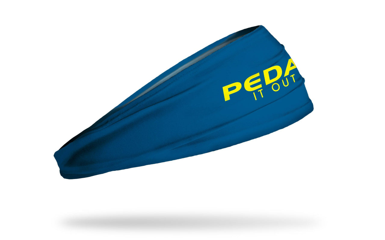 dark blue headband with pedal it out wordmark in neon yellow