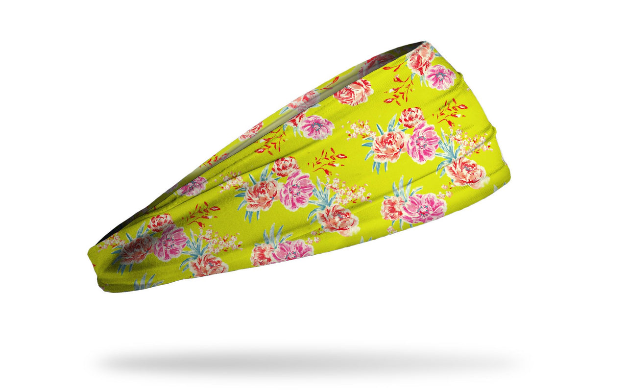 bright yellow headband with repeating pattern of prim and proper pretty pink flowers