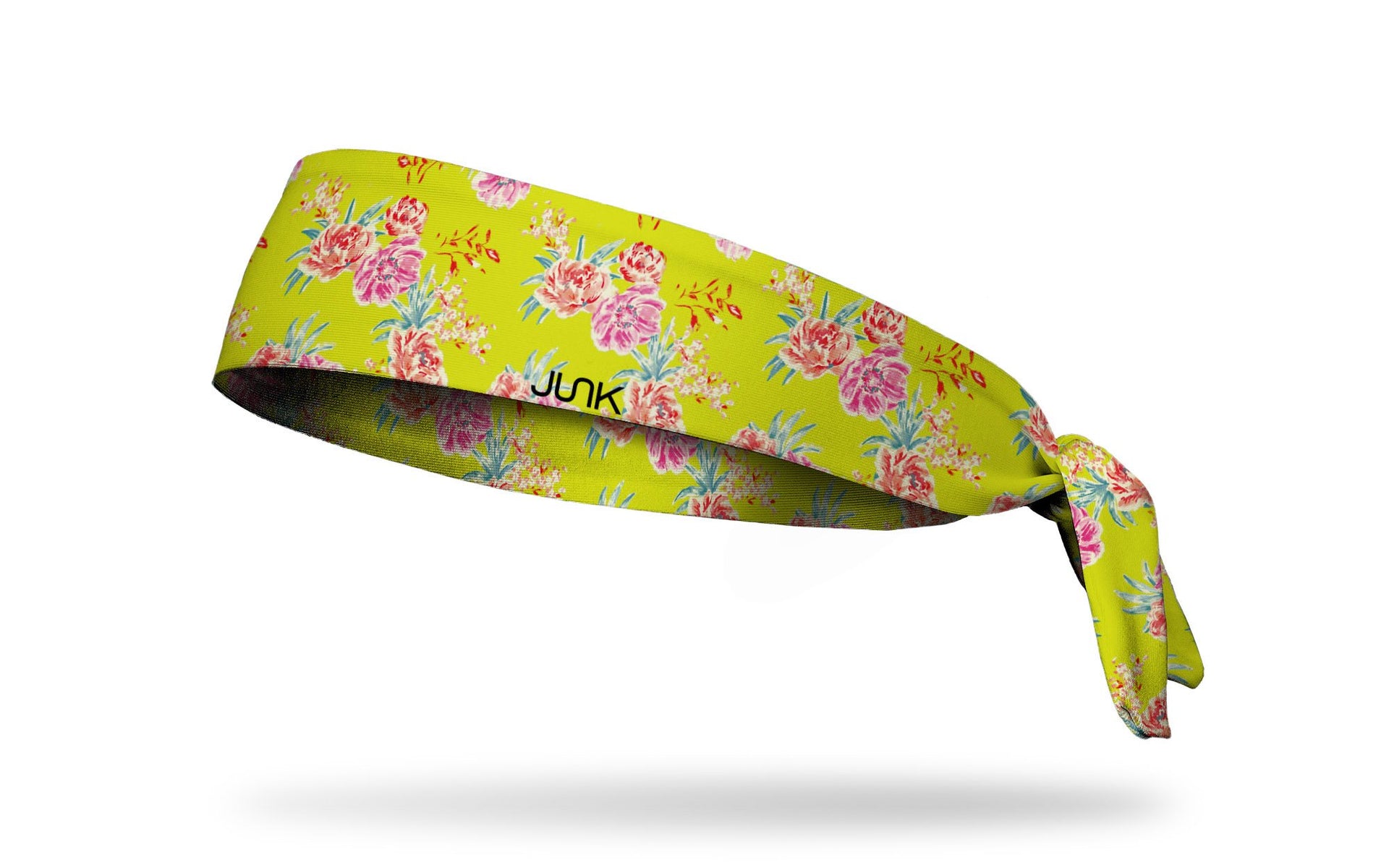 bright yellow headband with repeating pattern of prim and proper pretty pink flowers