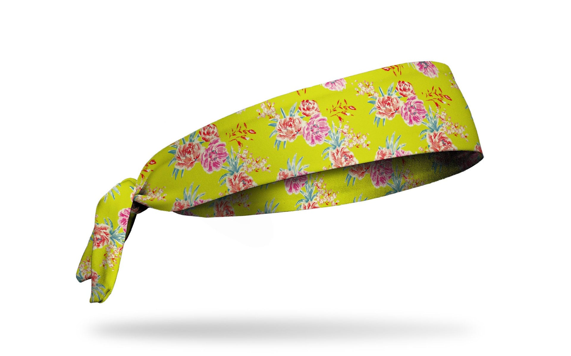 bright yellow headband with repeating pattern of prim and proper pretty pink flowers