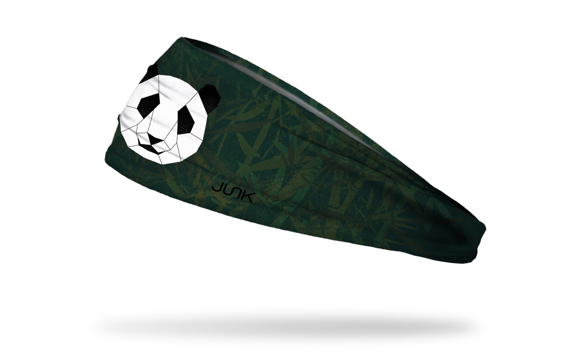 dark green and dark grey bamboo leaf print headband with geometric panda in center