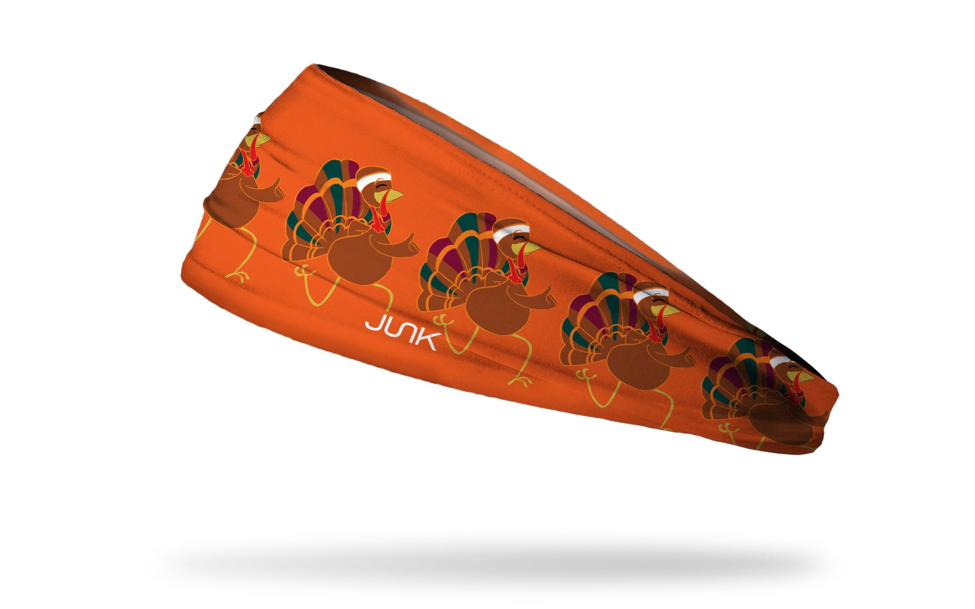 dark orange headband with repeating pattern of turkeys in full running gear