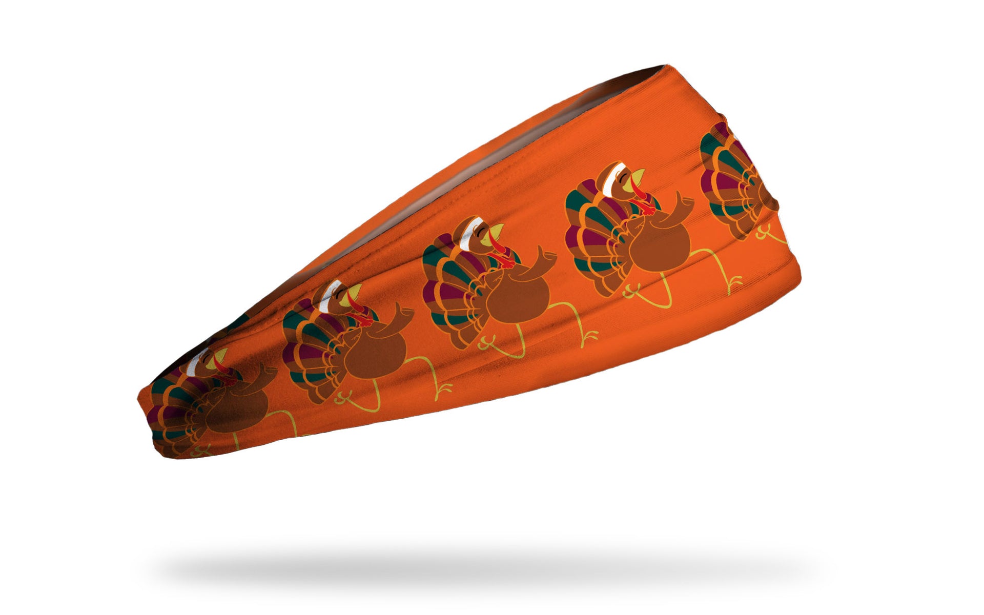 dark orange headband with repeating pattern of turkeys in full running gear