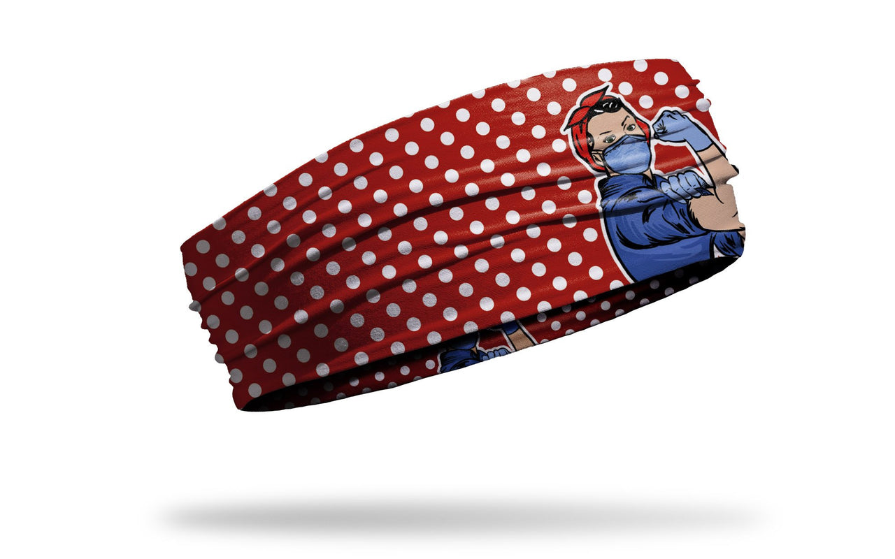 red headband with white polka dots and Rosie the Riveter wearing a face mask in full color