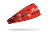 red winter christmas themed headband with sleigh all day wordmark and snowflakes