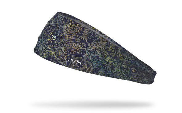 intricate mandala design headband with om symbol in center and lotus flower symbols to left and right