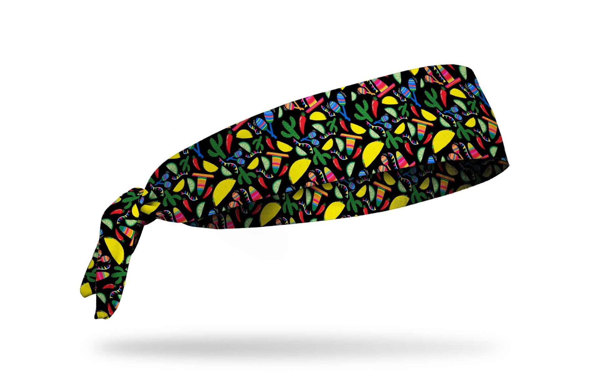 black headband with bright colored repeating print of tacos lemons limes sombreros maracas cactus and flag banners