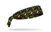 black headband with bright colored repeating print of tacos lemons limes sombreros maracas cactus and flag banners