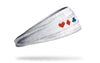 white headband with Harley Quinn full suit symbols that are exploding in blue and red