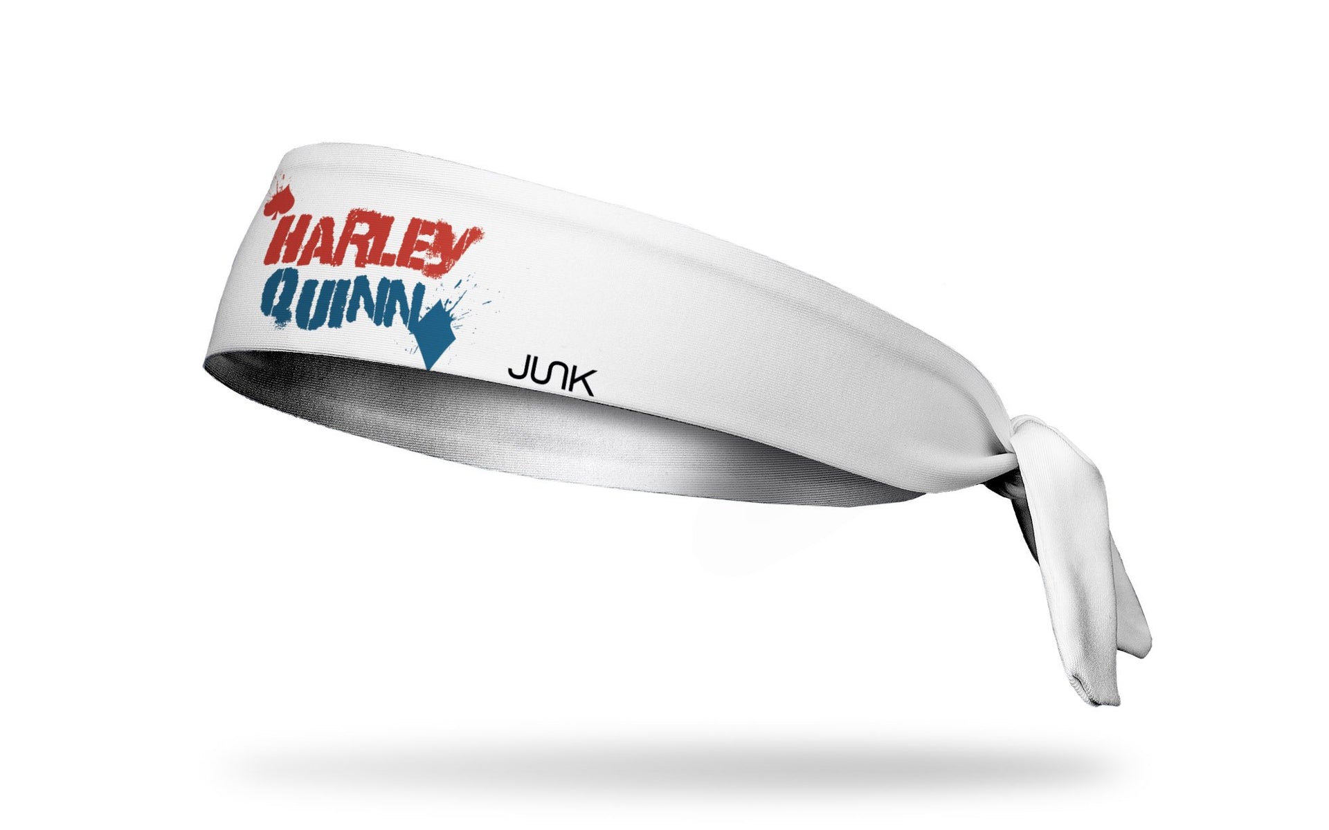 white headband with Harley Quinn wordmark graffiti logo in red and blue