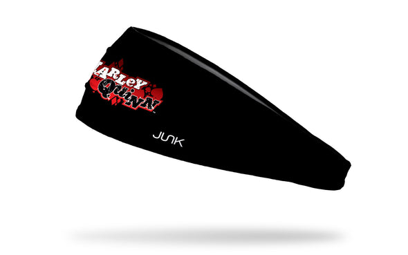 black headband with Harley Quinn grunge wordmark logo in white red and black