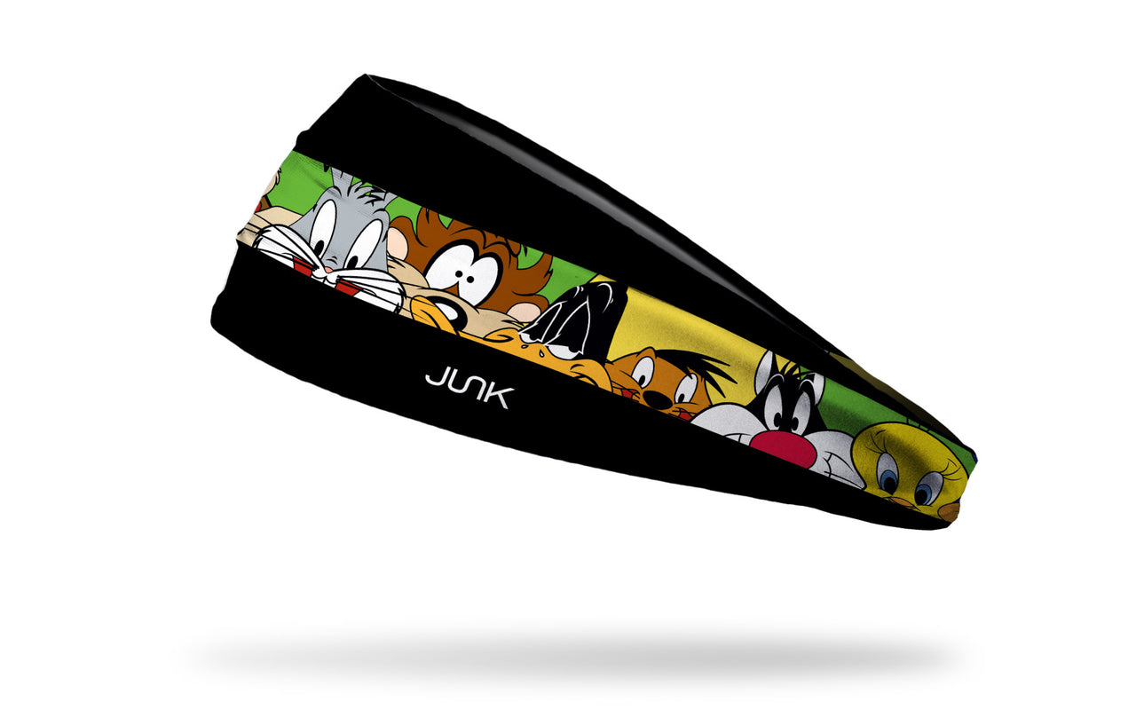 black headband with repeating block line of Looney Tunes characters oversized face view in full color